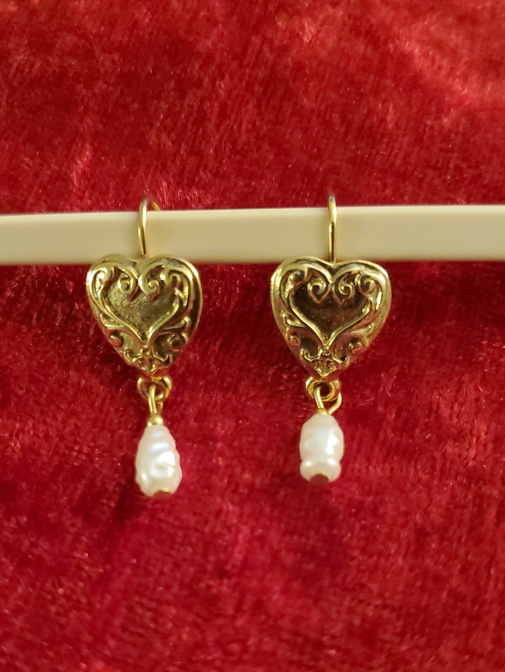 Gold Heart Filigree Drop Pierced Earrings White Faux Pearl Dangles